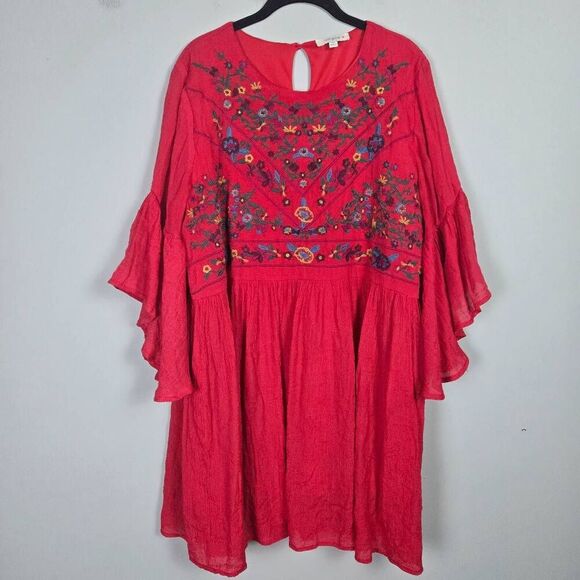 Umgee Womens Boho Bliss Embroidered Dress Size 1X Red Floral Flowy Hippie Gypsy - Picture 1 of 8